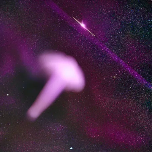 Prompt: A purple Cheese-It flying in space surrounded by colorful galaxies, 50mm, Nikon