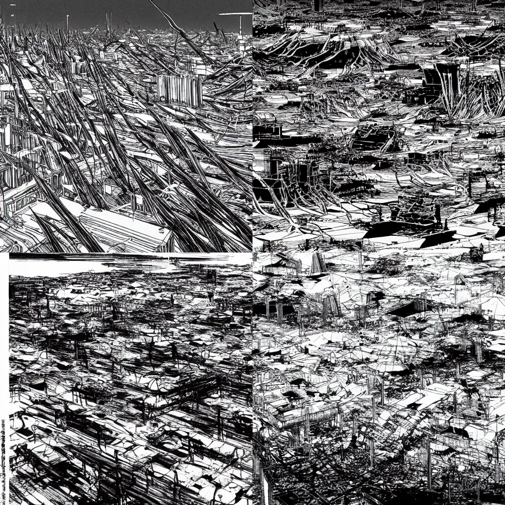 Prompt: a desolate landscape dotted with brutalist complexes, drawn by tsutomu nihei,