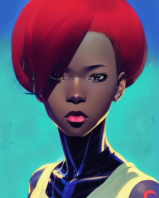 Prompt: black super hero girl | very very anime!!!, fine - face, jill scott, red afro, realistic shaded perfect face, fine details. anime. realistic shaded lighting poster by ilya kuvshinov katsuhiro otomo ghost - in - the - shell, magali villeneuve, artgerm, jeremy lipkin and michael garmash and rob rey