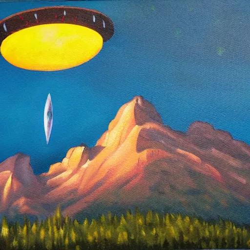 Image similar to HR Geiger painting alien mothership flying over the top of the Rocky Mountains