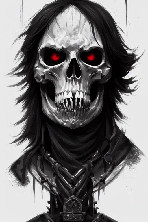 Prompt: a portrait of the horseman of the apocalypse, death, grim - lighting, high - contrast, intricate, elegant, highly detailed, digital painting, artstation, concept art, smooth, sharp focus, illustration