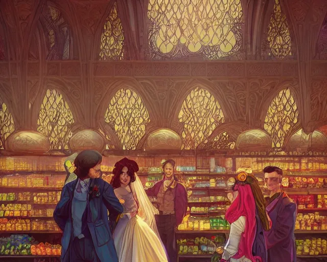 Image similar to a wedding in a supermarket, photography of kurzgesagt, deep focus, d & d, fantasy, intricate, elegant, highly detailed, digital painting, artstation, concept art, matte, sharp focus, illustration, hearthstone, art by artgerm and greg rutkowski and alphonse mucha