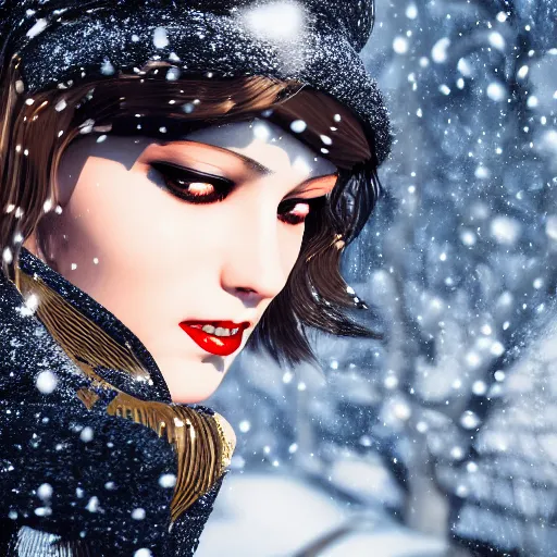 Prompt: avant-garde art, deco fashion, highly detailed, photorealistic portrait, serene snow setting, golden hour, crisp quality and light reflections, unreal engine 5 quality render