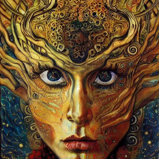 Prompt: Visions of Hell by Karol Bak, Jean Deville, Gustav Klimt, and Vincent Van Gogh, nightmare portrait, infernal, visionary, otherworldly, fractal structures, ornate gilded medieval icon, third eye, hellfire, spirals, horror