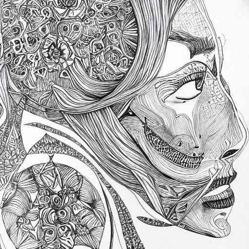 Image similar to escapism, detailed intricate sketch, 4k, illustration, cross hatched, black ink on white paper