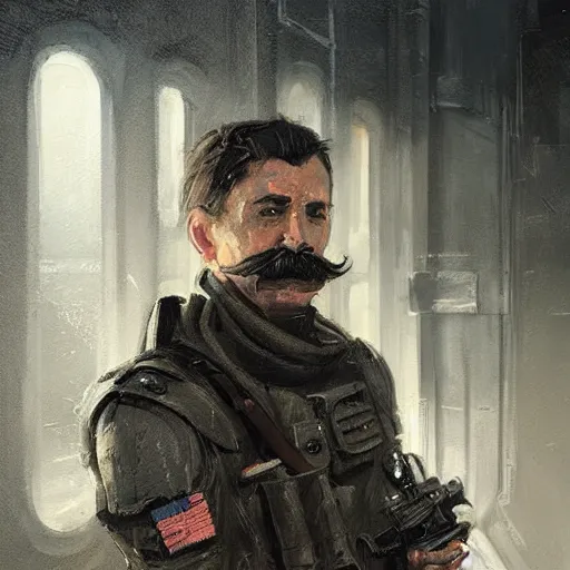 Prompt: portrait of a man by greg rutkowski, british features, short black hair in military style, moustache, perfect military composure, wearing stormtrooper gear, star wars expanded universe, he is about 5 0 years old, highly detailed portrait, digital painting, artstation, concept art, smooth, sharp foccus ilustration, artstation hq