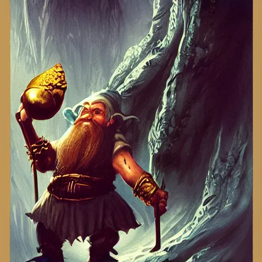 Image similar to portrait of a dwarf showing off the humongous raw gold nugget, realistic, beautiful, fantasy art, dnd, lord of the rings, by eyvind earle, james jean, concept art, sharp focus, ray tracing