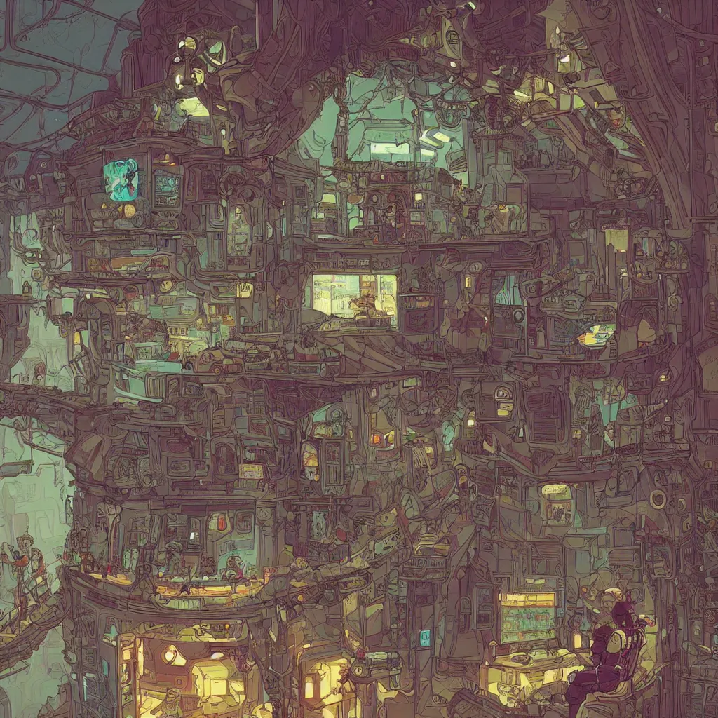 Image similar to Stunningly intricate illustration of an explorer playing video games in his treehouse, wearing cyberpunk headpiece, highly detailed, midnight, by Josan Gonzalez and James Gilleard , Moebius, Laurie Greasley