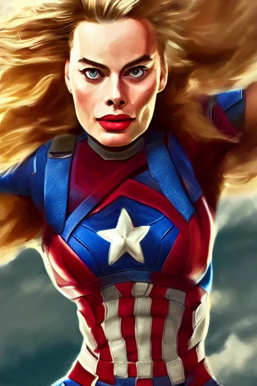 Image similar to Margot Robbie as Captain America, highly detailed, 4k HD, hyper-realistic, digital art