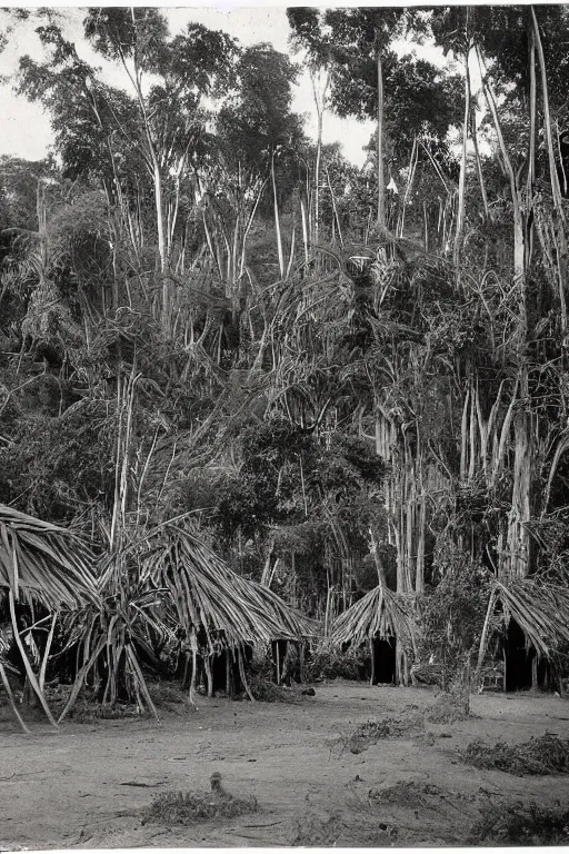 Prompt: long and tall organic houses, village, jungle, black and white photography, year 1 9 0 0