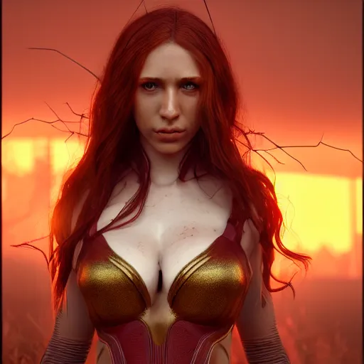 Image similar to nymph render of very beautiful 3d scarlet witch, long hair, hazel eyes, cute freckles, full round face, short smile, golden hour, apocalyptic setting, medium shot, mid-shot, highly detailed, trending on Artstation, Unreal Engine 4k