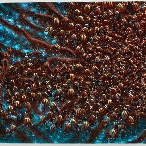 Prompt: painting of swarm of bloody - belly comb jellies, matte painting, detailed,