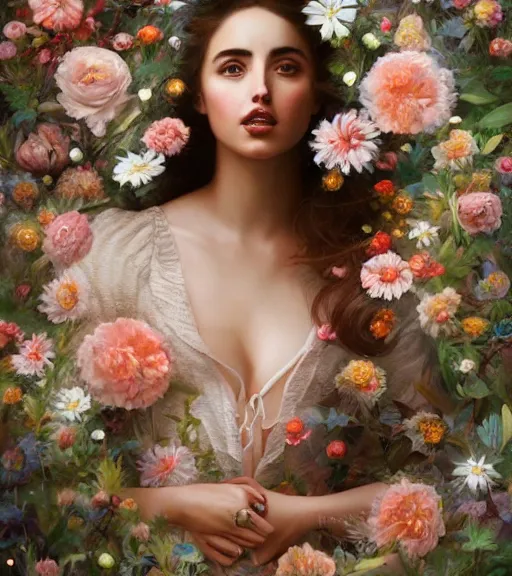 Image similar to portrait of ana de armas in 3 0 s, surrounded by flowers by karol bak, james jean, tom bagshaw, rococo, trending on artstation, cinematic lighting, hyper realism, octane render, 8 k, hyper detailed