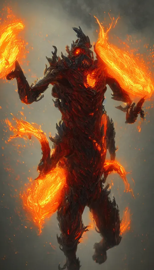 Image similar to fire elemental, man figure, flat background, man body, full body, intricate, beautiful, pathfinder, epic painting, paint texture, uplight, octane rendered, 8k, highly detailed, 3d render, unreal engine, concept art, illustration