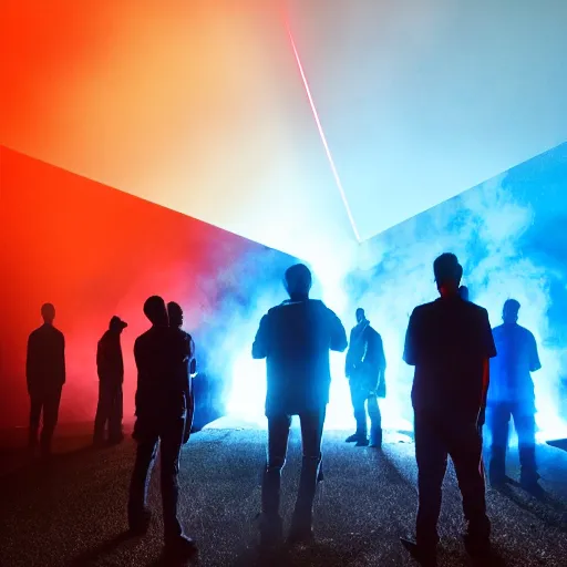 Image similar to giant group smoke bodies, lasers, darkness, from behind, wide angle, elaborate, smoke, red dot, orange line, blue mist, highly detailed, beautiful lighting