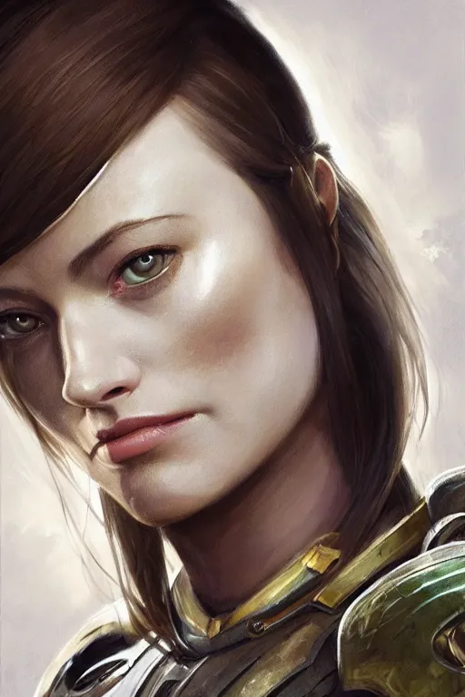 Image similar to a professional painting of a young Olivia Wilde, clothes in military armor, olive skin, long dark hair, beautiful bone structure, symmetrical facial features, intricate, elegant, digital painting, concept art, smooth, sharp focus, illustration, from StarCraft by Ruan Jia and Mandy Jurgens and Artgerm and William-Adolphe Bouguerea