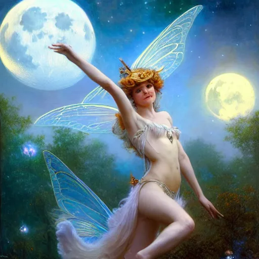 Image similar to attractive fairy magically floating high in the night, fantasy, full moon in background. highly detailed painting by gaston bussiere, craig mullins, j. c. leyendecker, mid shot, 8 k realistic, cryengine, frostbite 3 engine, sharp focus