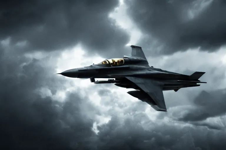 Image similar to a cinematic painting of a fighter jet, sonic boom, beautiful lighting, high depth, ultra realistic, rain, clouds, artistic, by zack snyder