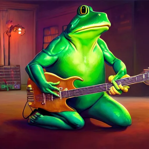 Prompt: a green big frog playing the guitar. intricate, epic lighting, cinematic composition, hyper realistic, 8 k resolution, unreal engine 5, by artgerm, tooth wu, dan mumford, beeple, wlop, rossdraws, james jean, marc simonetti, artstation