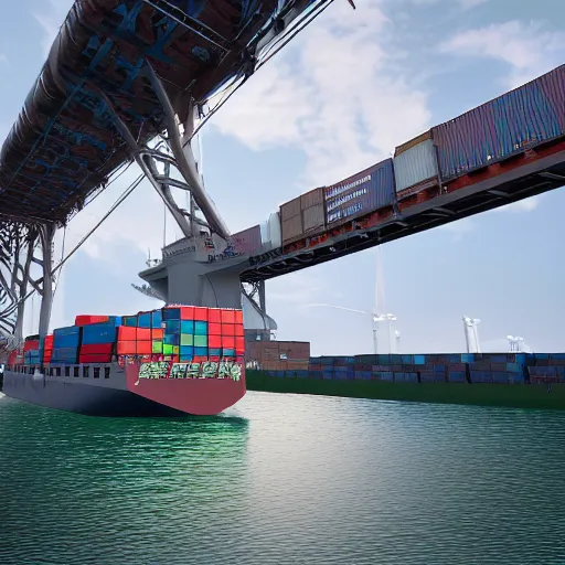 Image similar to a container ship in the water under the francis scott key bridge. the water is choppy and glossy. there is a feeling of powerful immense energy and power. imax 7 0 mm, ultrarealistic, cgsociety, 3 d octane render, ue 5.