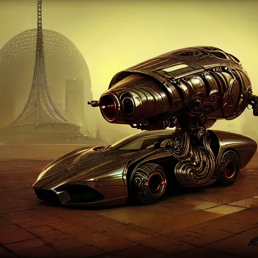 Image similar to cyborg cyber vintage supercar slick warm tones : by michal karcz, daniel merriam, victo ngai and guillermo del toro : ornate, dynamic, particulate, intricate, elegant, highly detailed, centered, artstation, smooth, sharp focus, octane render