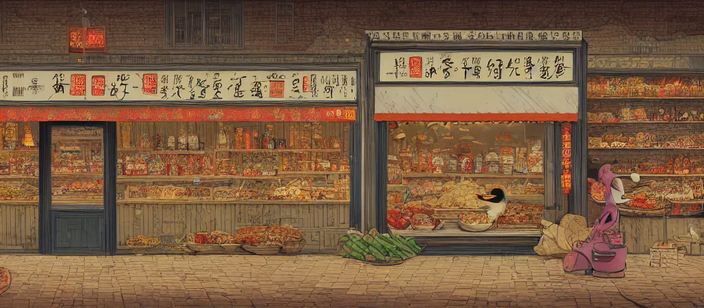 Image similar to a beautiful hyperdetailed render of roasted duck small shop, simple style, from china, with merchant logo, simple structure, surrealistic, chinese style, victo ngai, james jean, denoise, deblurring