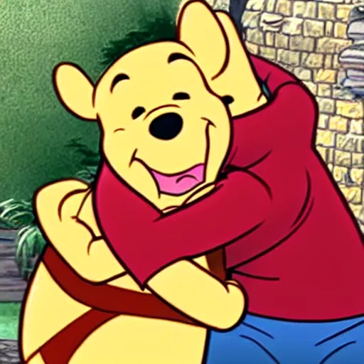 Prompt: winnie the pooh and gordon freeman hug each other after not seeing each other for a long time