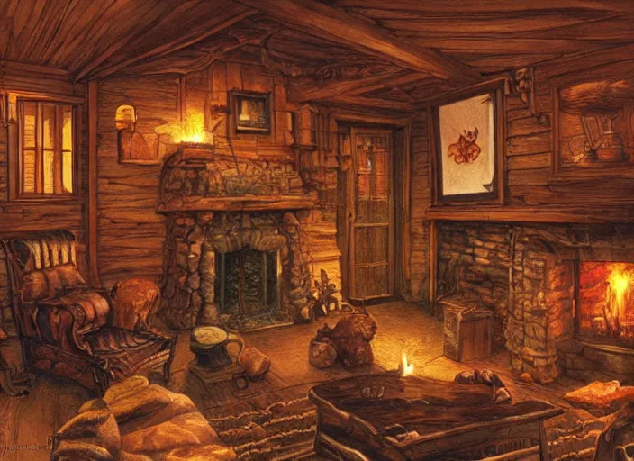 Image similar to the living room of a cozy wooden house with a fireplace, at night, interior design, d & d concept art, d & d wallpaper, warm, digital art. art by james gurney and larry elmore.