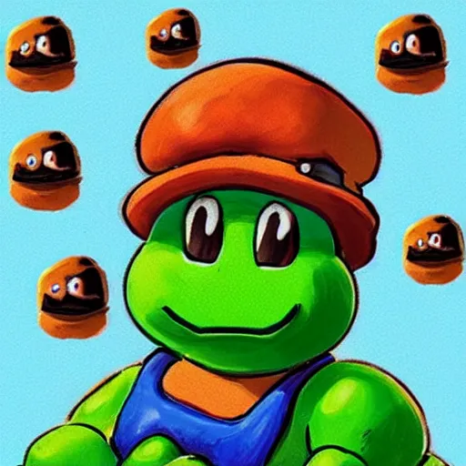 Prompt: “ a detailed portrait of the scene where captain yoshi sacrifices himself to the goomba army to save his crew of toads ”