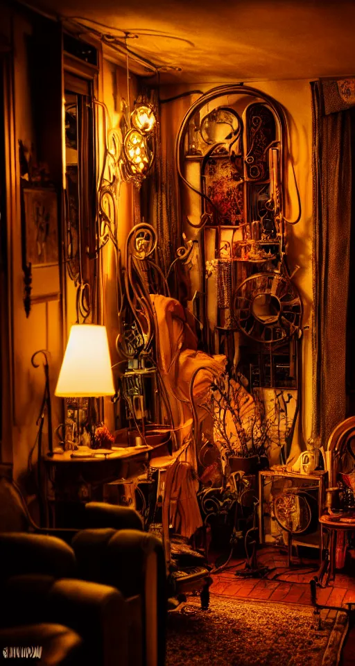 Image similar to telephoto 7 0 mm f / 2. 8 iso 2 0 0 photograph depicting the feeling of chrysalism in a cosy dark cluttered french art nouveau cyberpunk apartment in a dreamstate art cinema style.