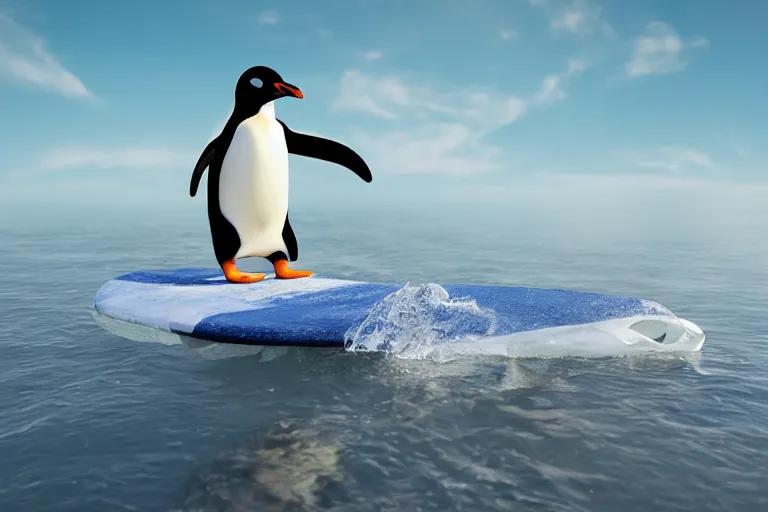 Prompt: penguin surfing on a bong shaped surfboard, high-quality 4k 3D Render