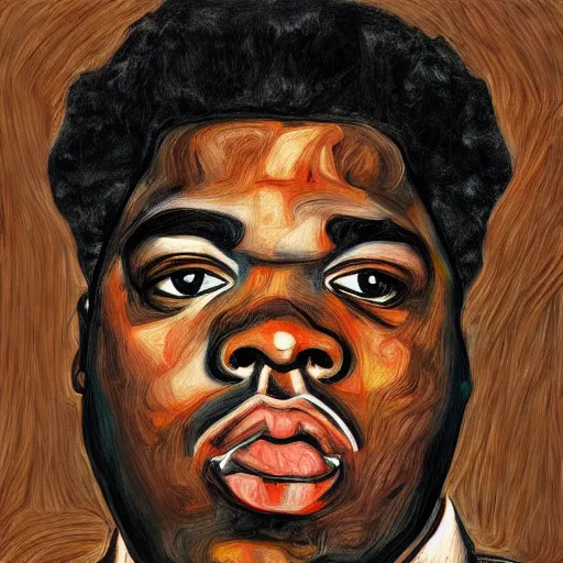 Image similar to a portrait of biggie smalls in style of egon schiele, notorious b. i. g., masterpiece, hyperdetailed, complex, intricate, 4 k, trending on artstation