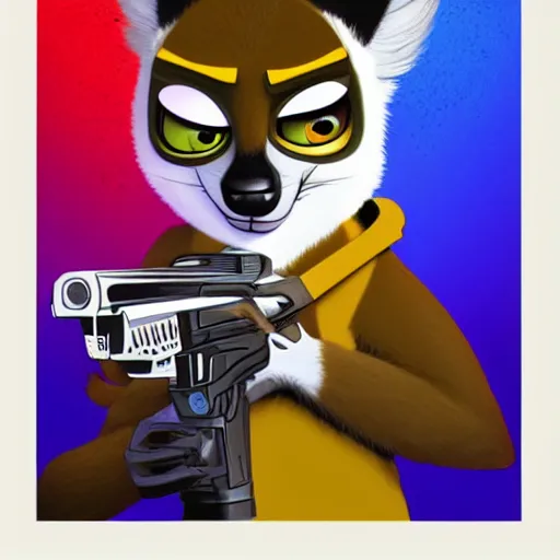 Image similar to “ logo of a lemur in the style of zootopia holding laser gun, with a black background, digital art, award winning, trending on art station, retro style ”