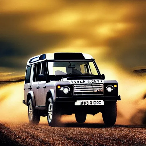 Image similar to land rover discovery driving down a windey road with noctoluminescent clouds in the sky, simplistic style, 1 9 8 0 s poster style