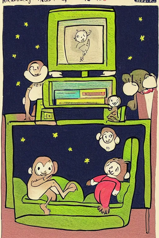 Prompt: an illustration of monkeys watching tv in the style of goodnight moon by margaret wise brown