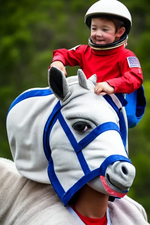 Image similar to a child in a horse mask sits on the shoulders of an astronaut