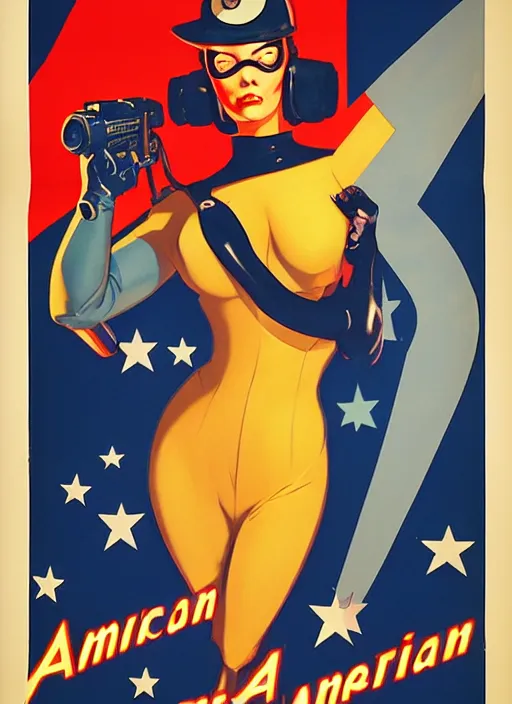 Image similar to american propaganda poster. cyberpunk femme fatale. portrait by jean giraud and anton otto fischer and john philip falter and will eisner and gil elvgren. realistic proportions. tf 2, overwatch.