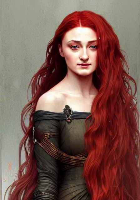 Prompt: portrait of sansa stark with red long hair, intricate, elegant, highly detailed, digital painting, artstation, concept art, smooth, sharp focus, illustration, art by artgerm and greg rutkowski and alphonse mucha and william - adolphe bouguereau