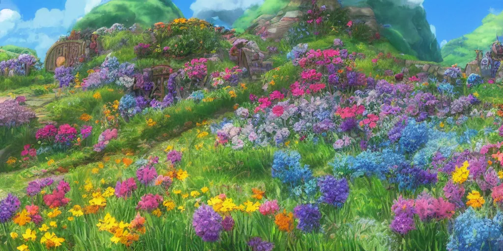 Image similar to a still of a background from howl's moving castle!!!!! of hobbiton, light bloom, flowers