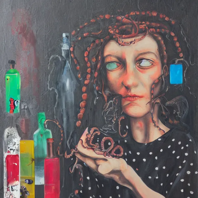 Image similar to a portrait in a dark apartment, a widow holding an octopus, milk, berries, broken bottles, metaphysical, neo - expressionism, surrealism, acrylic and spray paint and oilstick on canvas