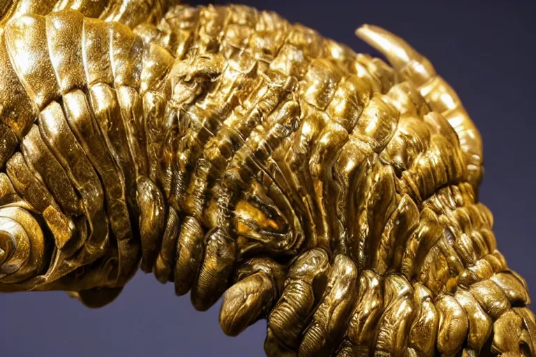 Image similar to photo taken of an epic intricate, ultra detailed, super realistic animatronic of a trilobite creature on display in a workshop, created by weta workshop, zoomed in shots, photorealistic, sharp focus, f 0. 4, face centred, macro photography, golden ratio, golden hour