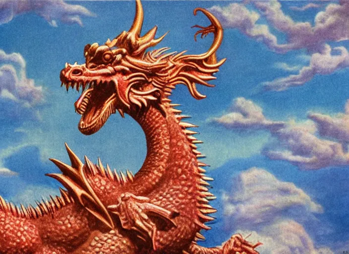 Image similar to pleasing - palette roaring symmetrical dragon head, close - up, pleasing palette, spiky teeth, highly detailed, made out of idyllic nebulous clouds sophisticated detailed pastel dragon from scenery fantasia ( 1 9 4 1 )