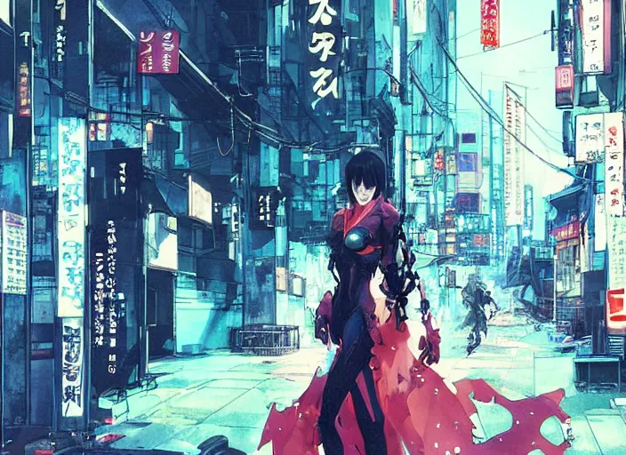 Image similar to lee jin - eun exiting kyoto gion from in cyberpunk theme by peter andrew jones and conrad roset, rule of thirds, seductive look, beautiful