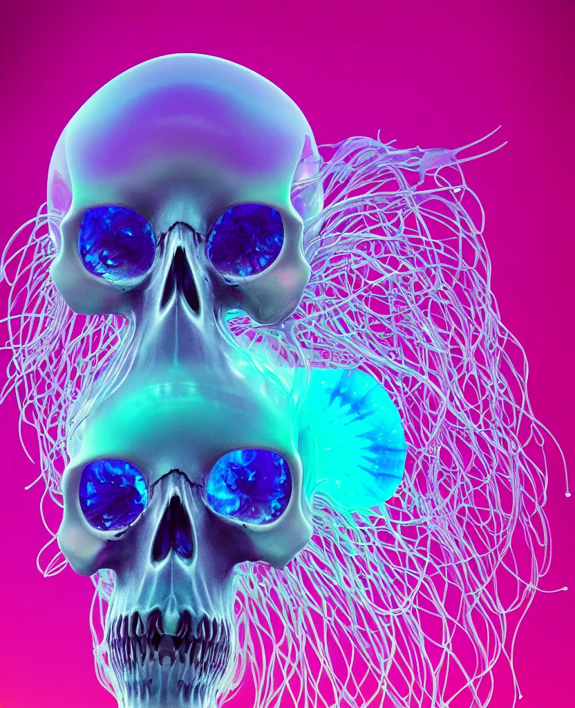 Image similar to close-up portrait of skull dichroic orchid jellyfish skull, betta fish, bioluminiscent creatures, intricate artwork by Tooth Wu and wlop and beeple. octane render, trending on artstation, greg rutkowski very coherent symmetrical artwork. cinematic, hyper realism, high detail, octane render, 8k