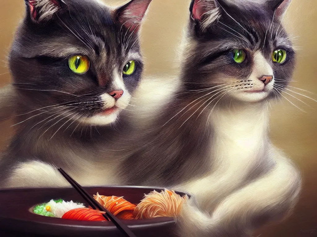 Prompt: a beautiful picture of a cat rolled up into sushi, studio picture, realistic illustrative painting, artgerm, visionary arts, huang guangjian