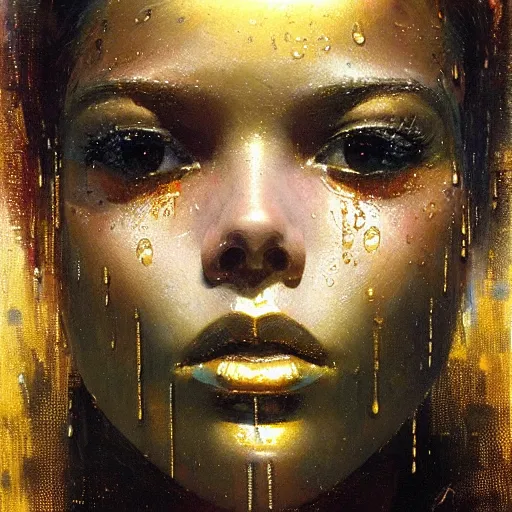 Image similar to an intricate, detailed face of an android, golden skin with water drops on it, dramatic lighting, masterpiece, John Berkey