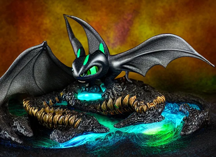 Image similar to realistic glowwave minature of toothless on a mysterious world, hyper realism, intricate detailed, 1 0 0 mm, photography, studio quality, smooth