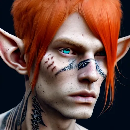 Image similar to portrait painting of an elven eladrin young man with short light orange hair and freckles and tribal tattoos on his cheekbones, ultra realistic, concept art, intricate details, eerie, highly detailed, photorealistic, octane render, 8 k, unreal engine. art by artgerm and greg rutkowski and charlie bowater and magali villeneuve and alphonse mucha