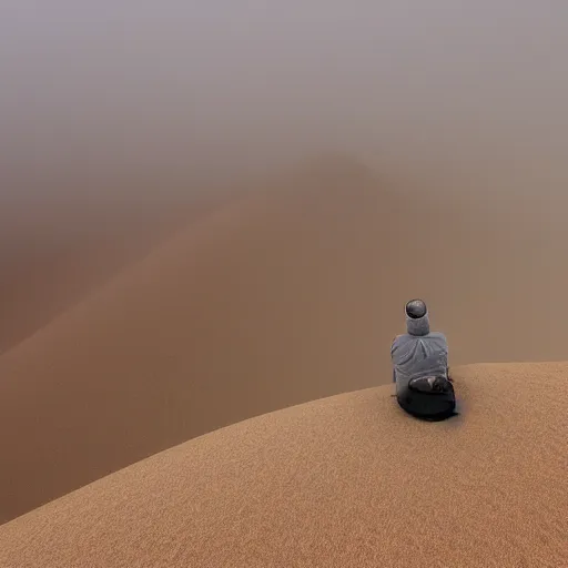 Image similar to man sitting on top peak mountain looking at huge vast sandstorm dust tornado desert