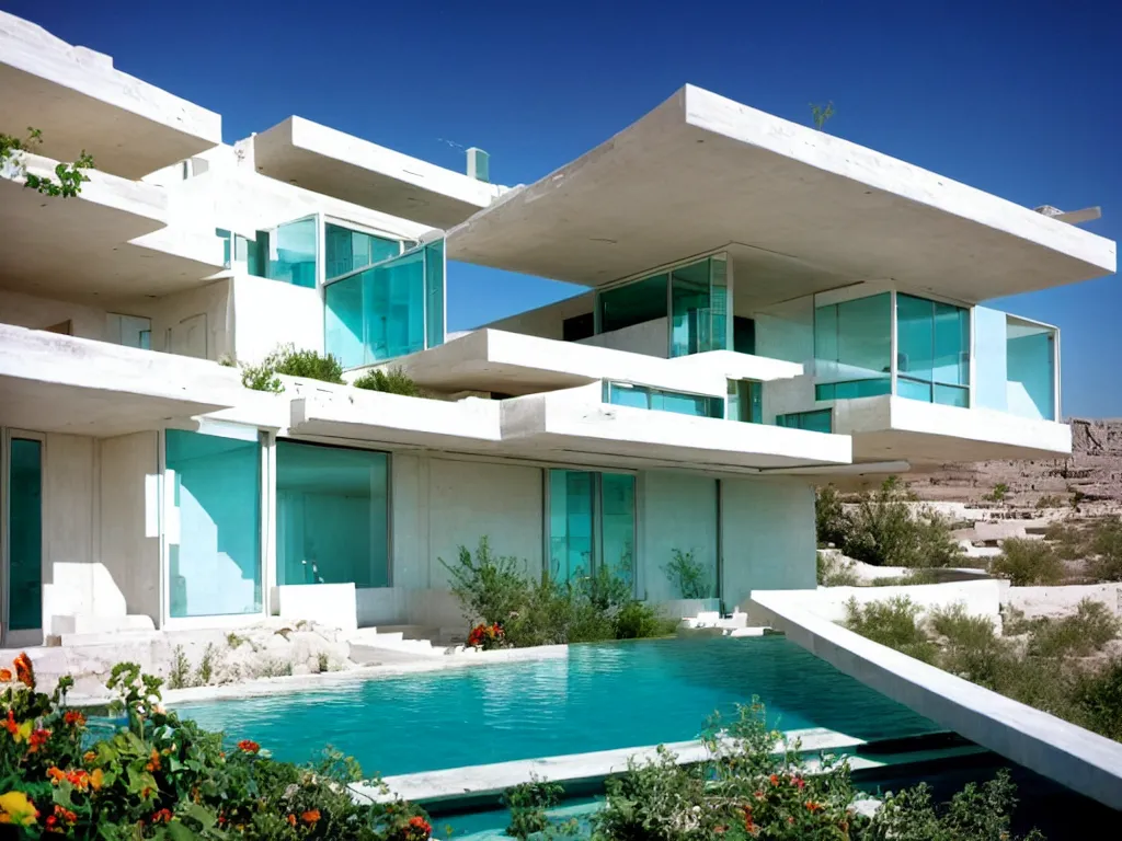 Prompt: habitat 6 7, white terraced architecture house in the dessert, many plants and infinite pool, colorful glass wall, joyful people